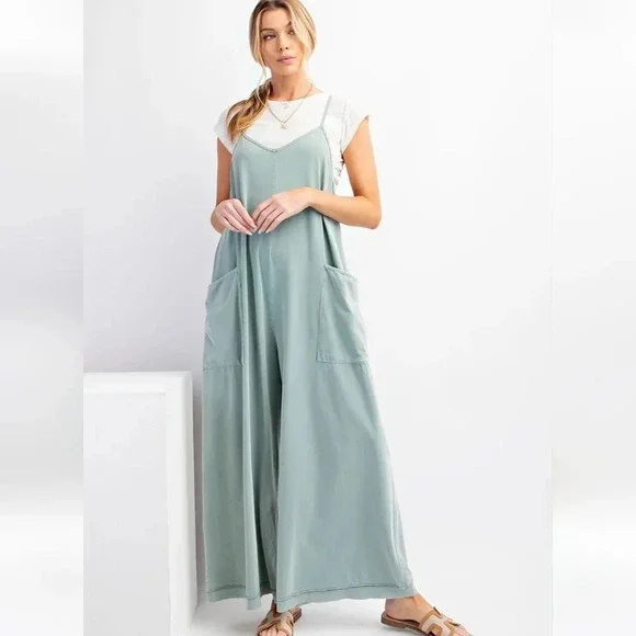 New Easel Dusty Blue Mineral Washed Cotton Jumpsuit